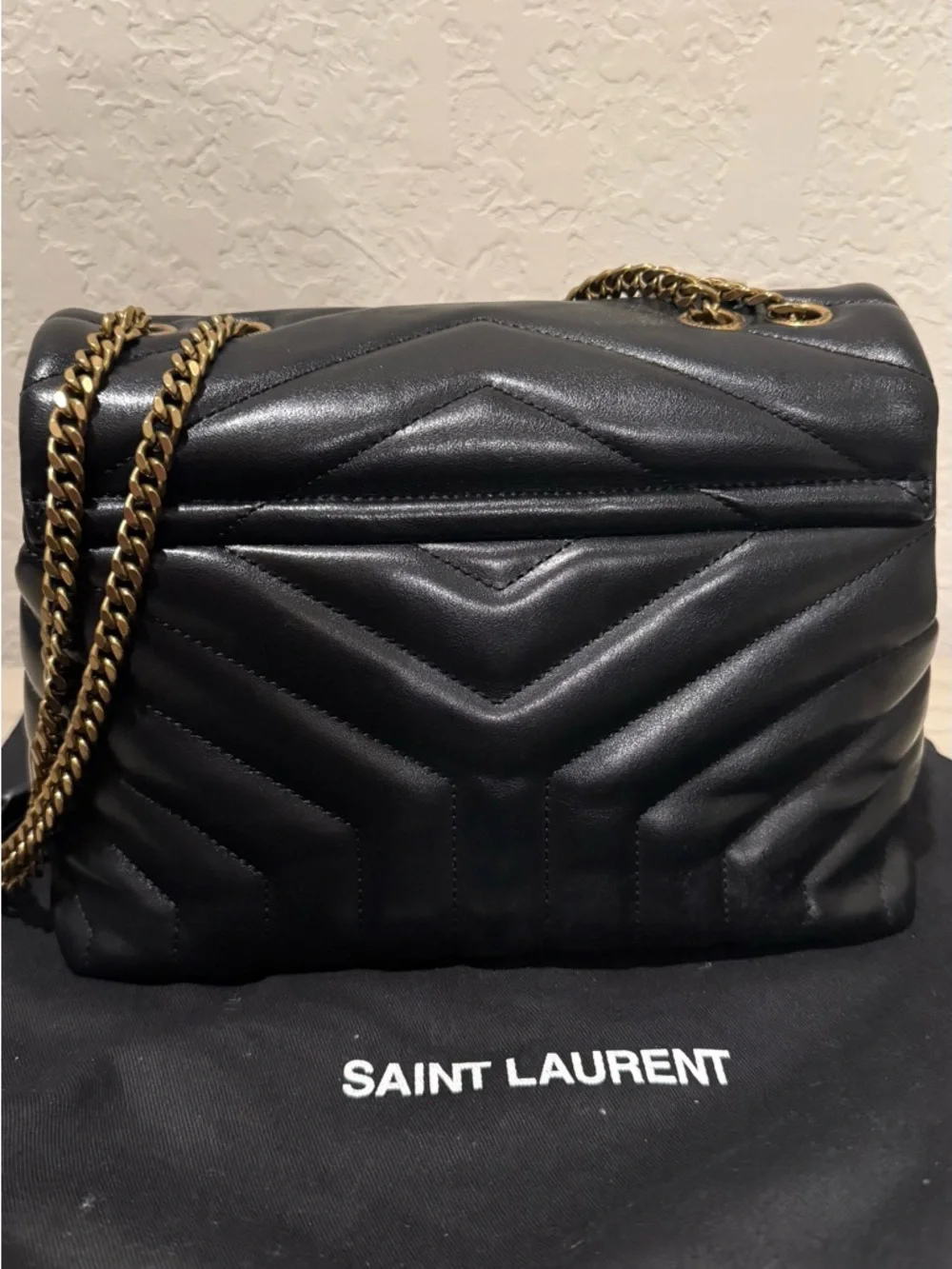 Saint Laurent Black Chevron Quilted Shoulder Bag with Gold YSL - Picture 2 of 3